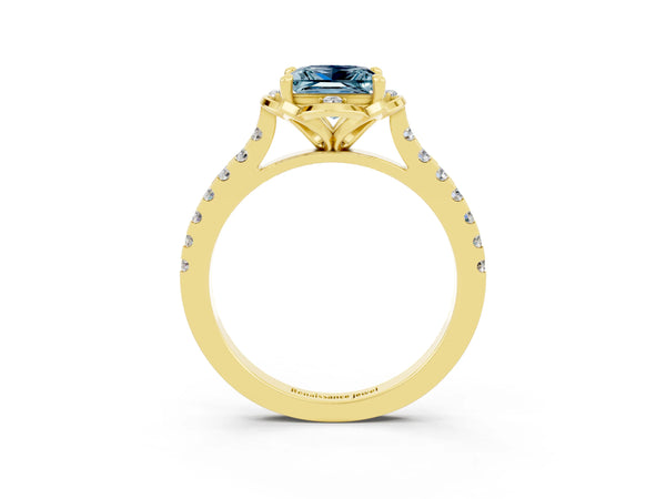 Yellow gold Princess Cut Aquamarine Ring with Pavé Band and Floral Prong Setting