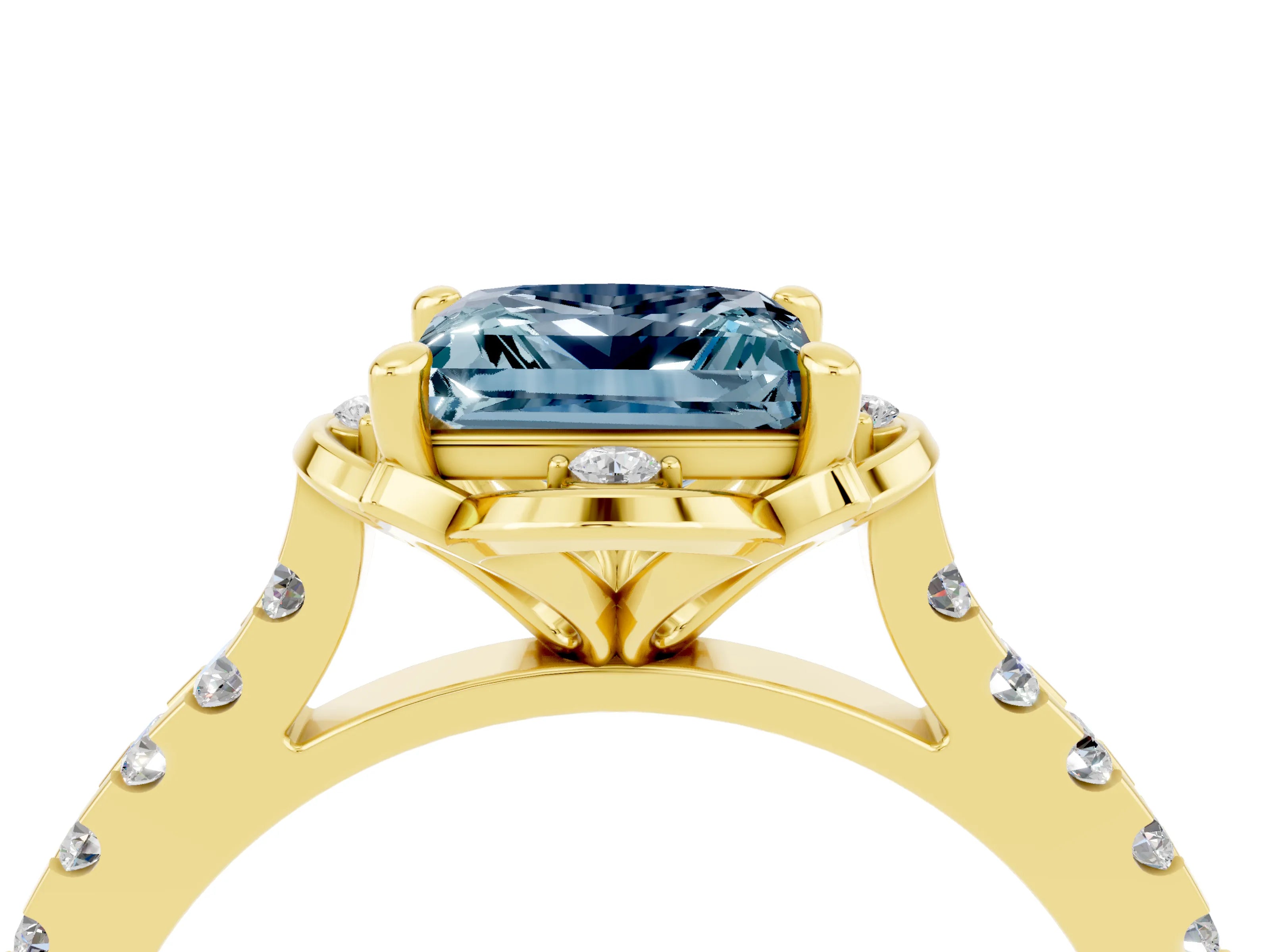 Yellow gold Princess Cut Aquamarine Ring with Pavé Band and Floral Prong Setting_4