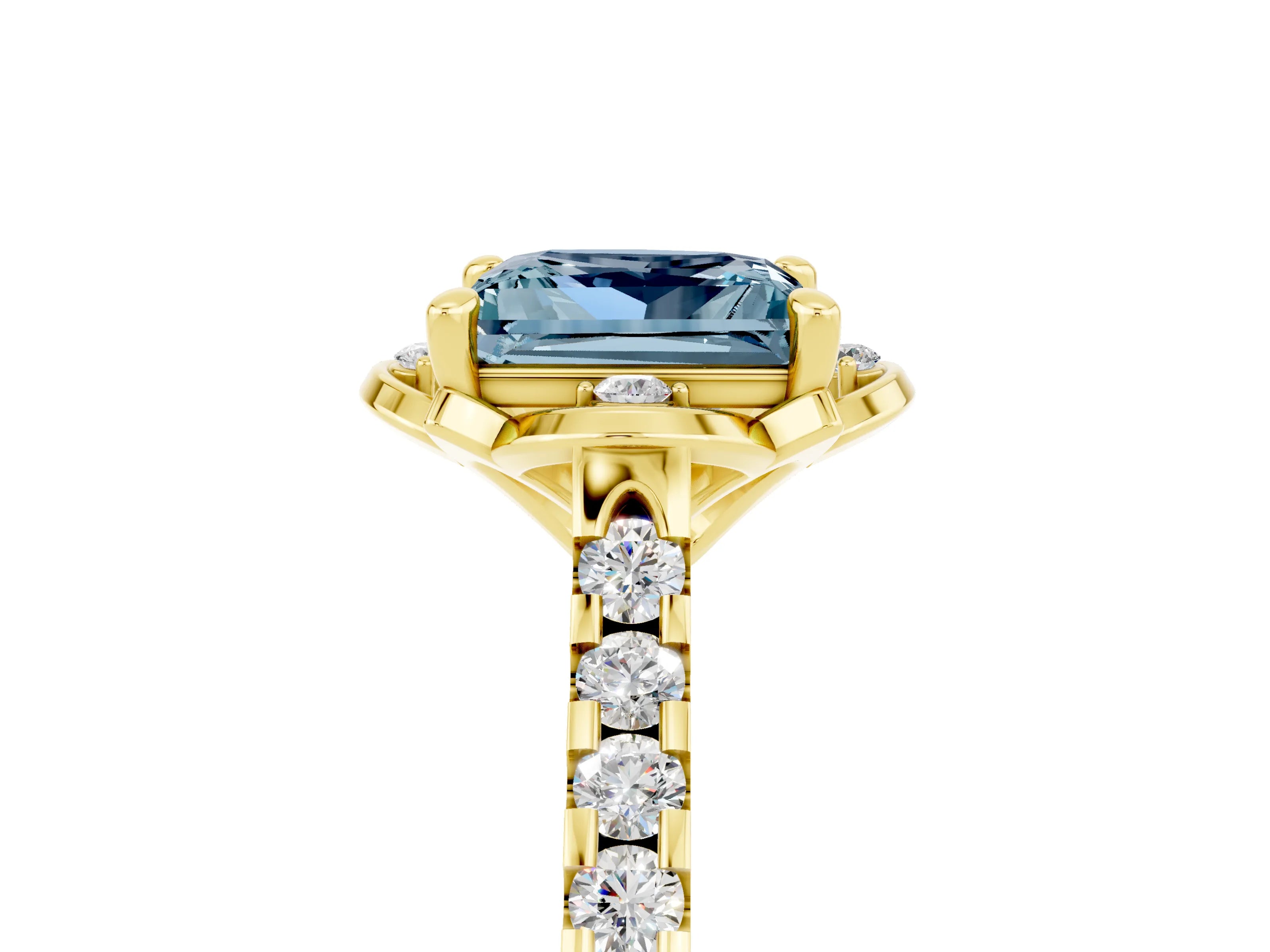 Yellow gold Princess Cut Aquamarine Ring with Pavé Band and Floral Prong Setting_5