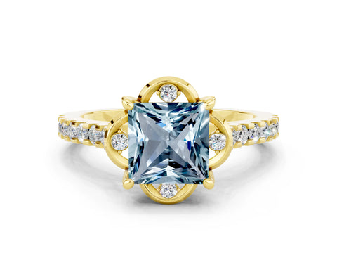 Yellow gold Princess Cut Aquamarine Ring with Pavé Band and Floral Prong Setting