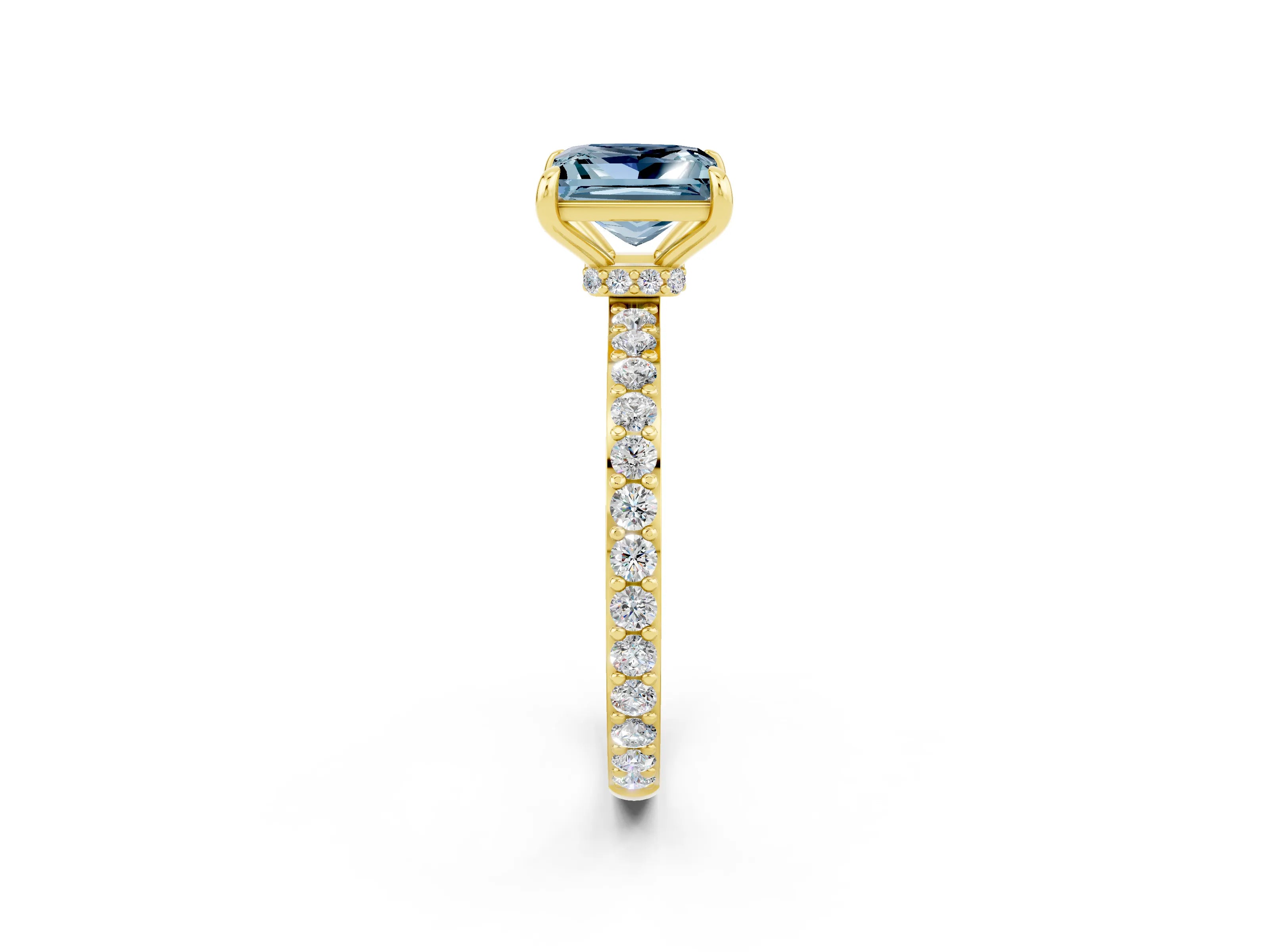 Yellow gold Princess Cut Aquamarine Ring with Pavé Band and Four-Prong Setting_2