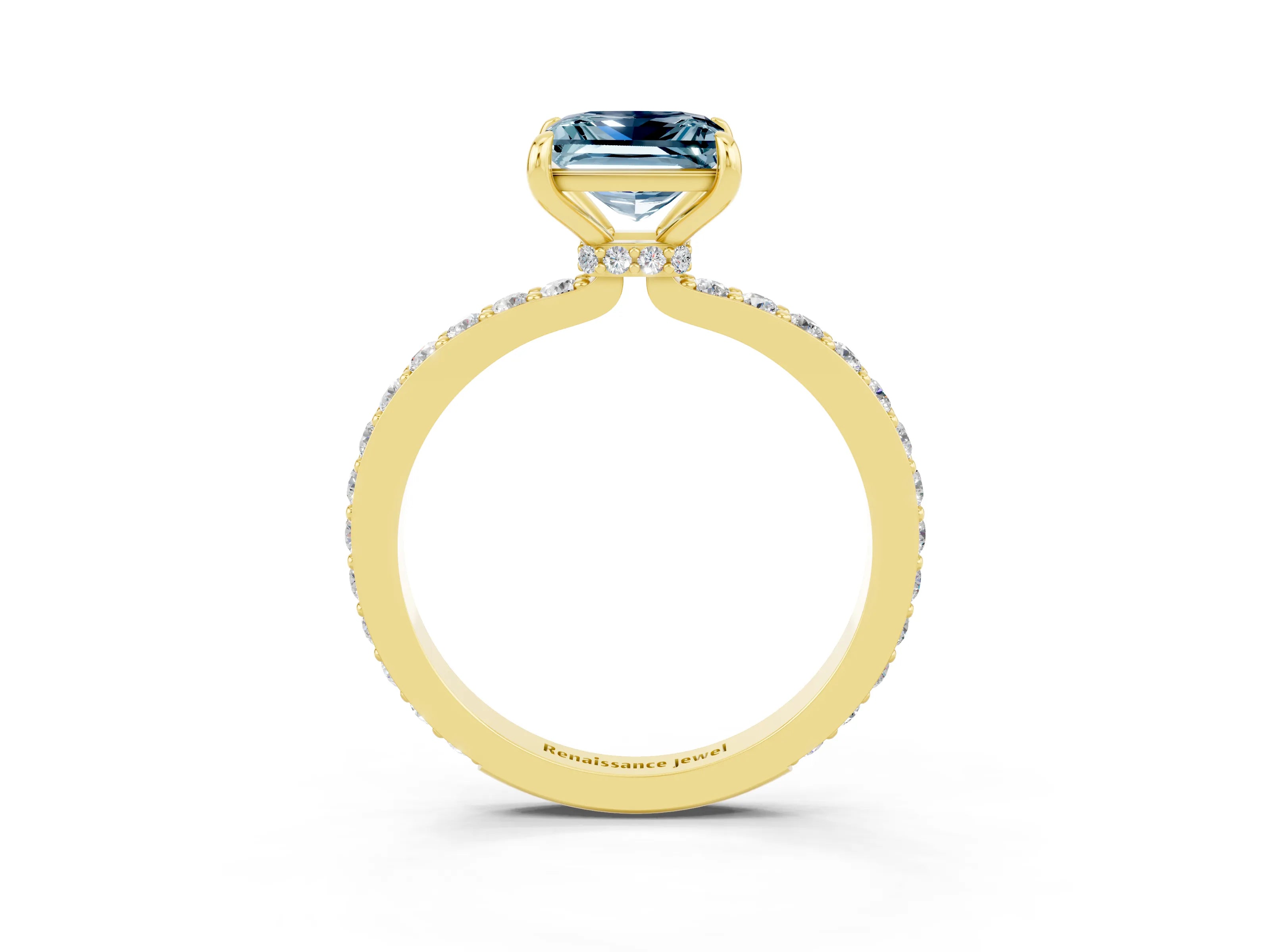 Yellow gold Princess Cut Aquamarine Ring with Pavé Band and Four-Prong Setting_3