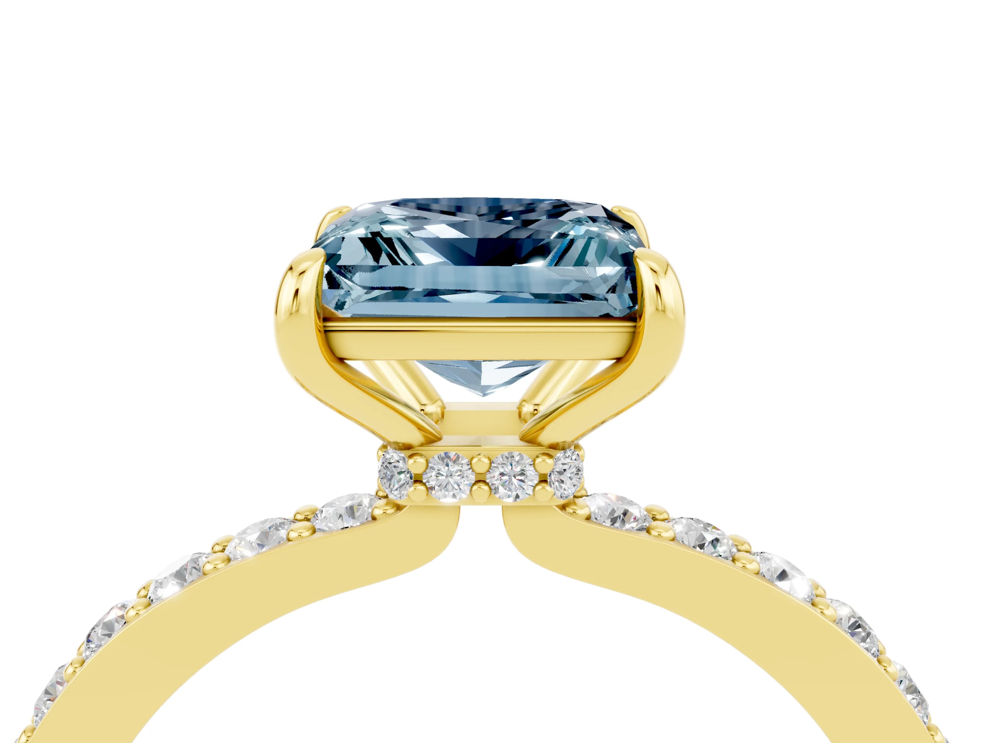 Yellow gold Princess Cut Aquamarine Ring with Pavé Band and Four-Prong Setting_4