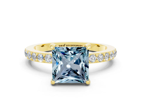 Yellow gold Princess Cut Aquamarine Ring with Pavé Band and Four-Prong Setting