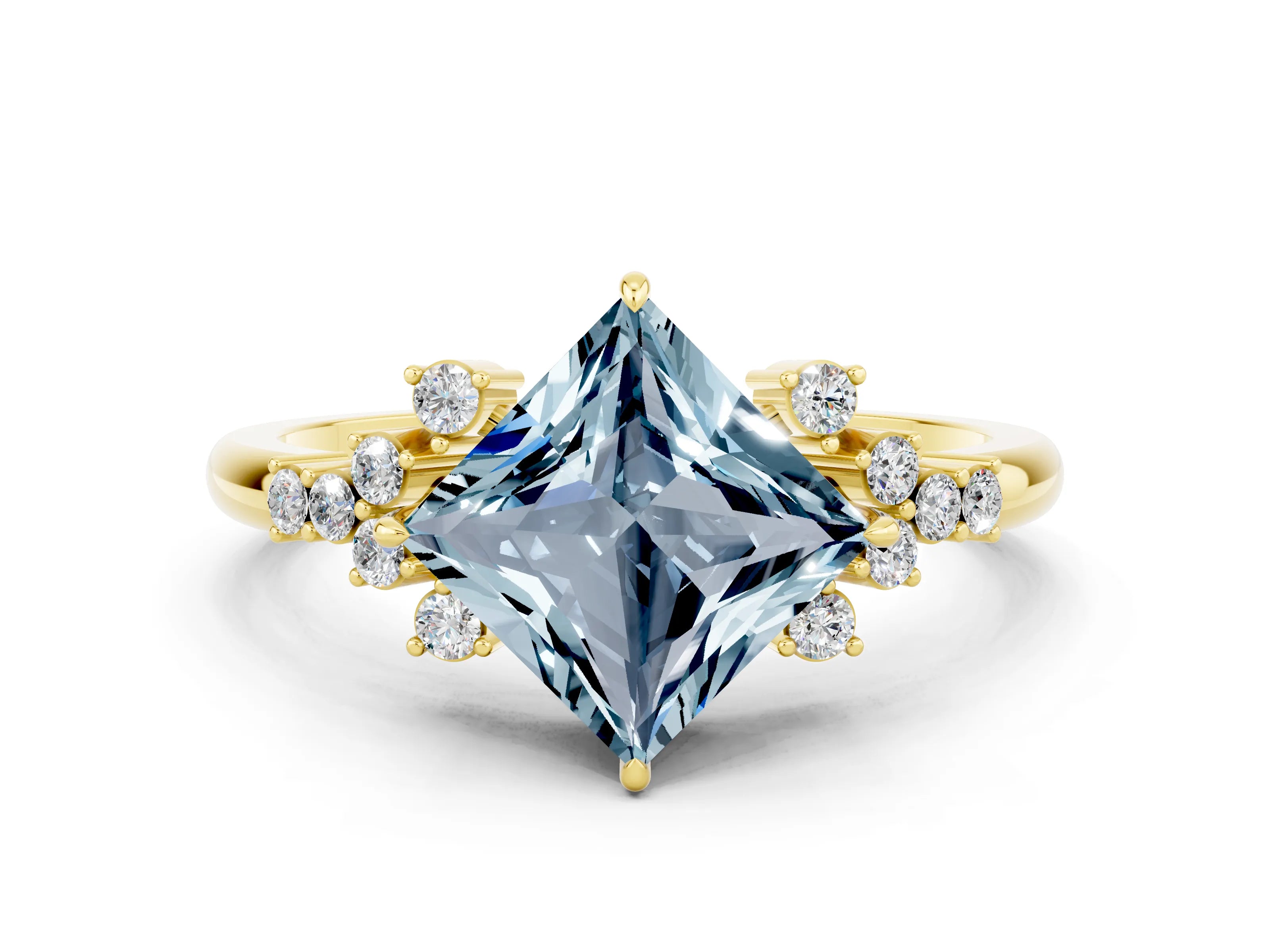 Yellow gold Princess Cut Aquamarine Ring with Side Stones and Four-Prong Setting_36