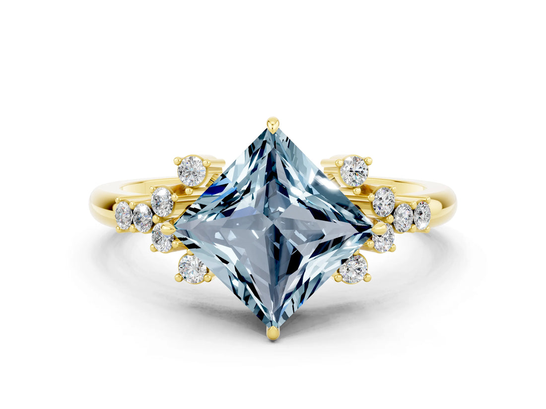 Yellow gold Princess Cut Aquamarine Ring with Side Stones and Four-Prong Setting_36