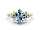 Yellow gold Princess Cut Aquamarine Ring with Side Stones and Four-Prong Setting_36