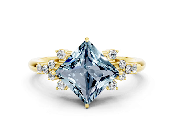 Yellow gold Princess Cut Aquamarine Ring with Side Stones and Four-Prong Setting