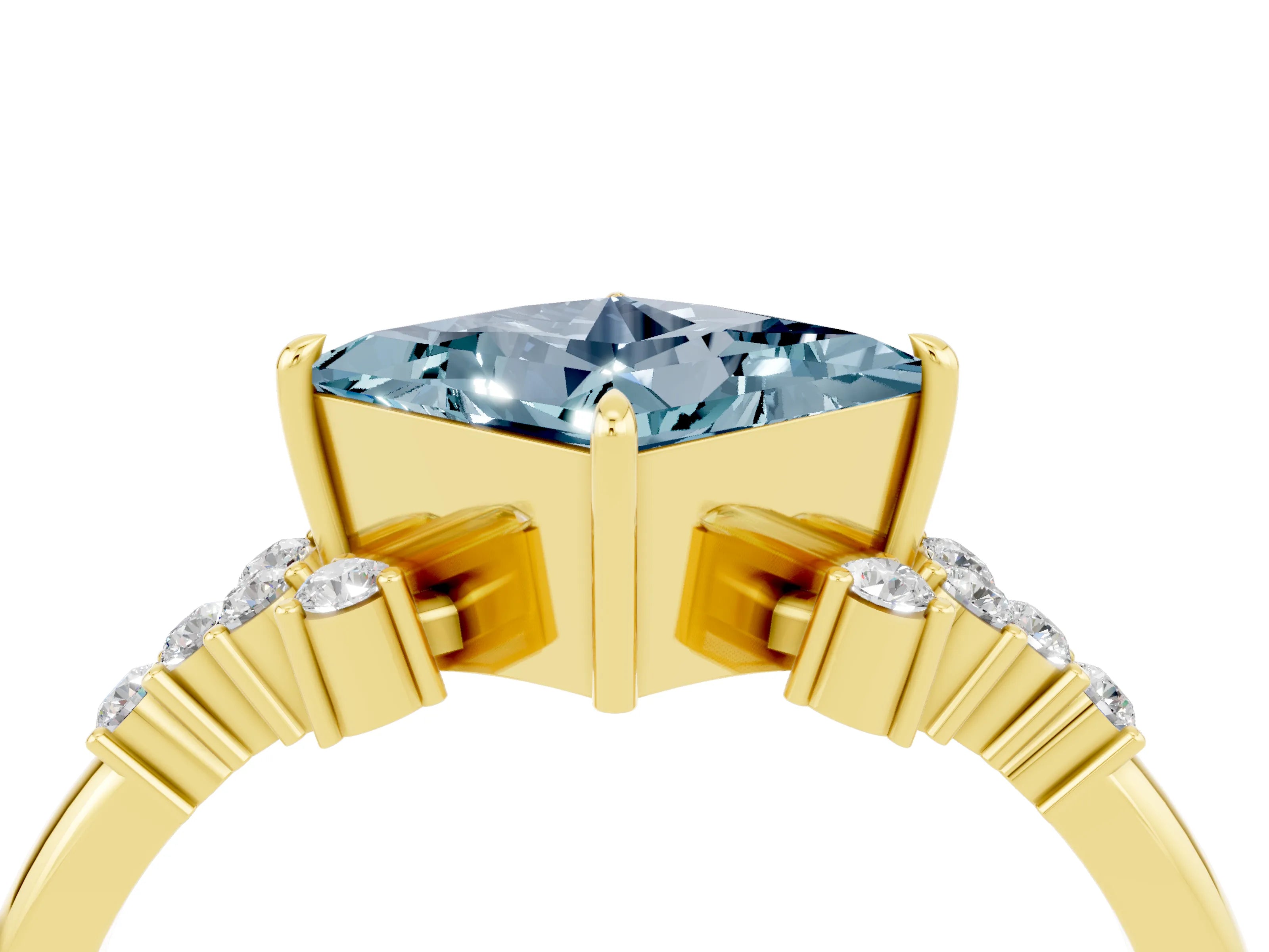 Yellow gold Princess Cut Aquamarine Ring with Side Stones and Four-Prong Setting_40