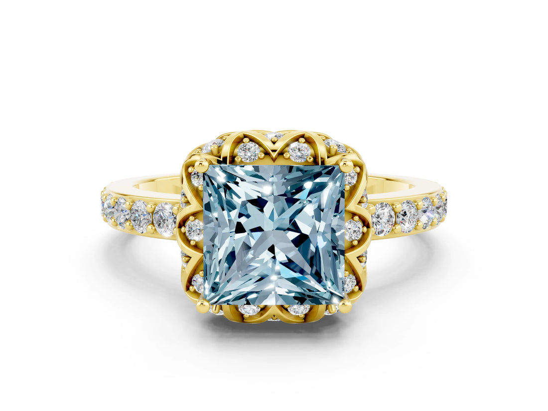 Yellow gold Princess Cut Aquamarine Scalloped Halo Engagement Ring with Round Shared Prong Band_12