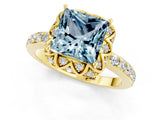 Yellow gold Princess Cut Aquamarine Scalloped Halo Engagement Ring with Round Shared Prong Band_13