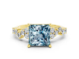 Yellow gold Princess Cut Aquamarine Scattered Round Accent Ring with Prong Setting_30