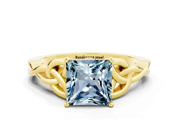 Yellow gold Princess Cut Aquamarine Solitaire Celtic Knot Ring with Four-Prong Setting