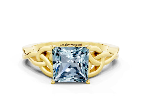 Yellow gold Princess Cut Aquamarine Solitaire Celtic Knot Ring with Four-Prong Setting_12