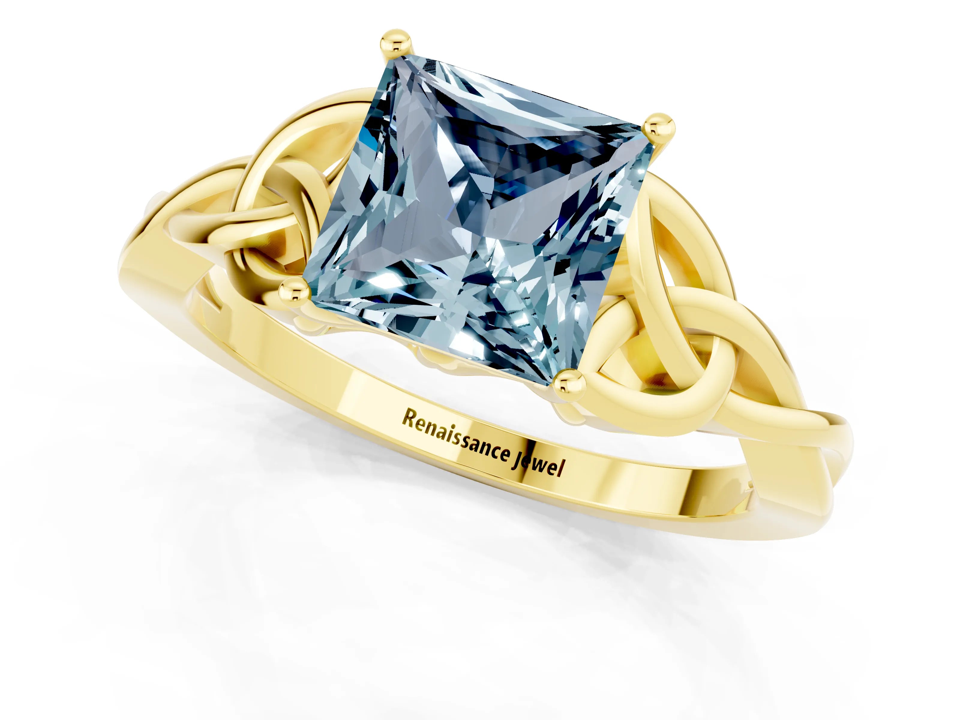 Yellow gold Princess Cut Aquamarine Solitaire Celtic Knot Ring with Four-Prong Setting_13