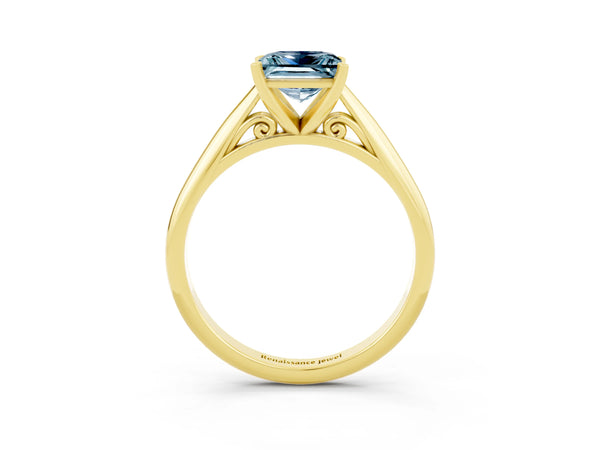 Yellow gold Princess Cut Aquamarine Solitaire Engagement Ring with Cathedral Setting and Four-Prong Mount