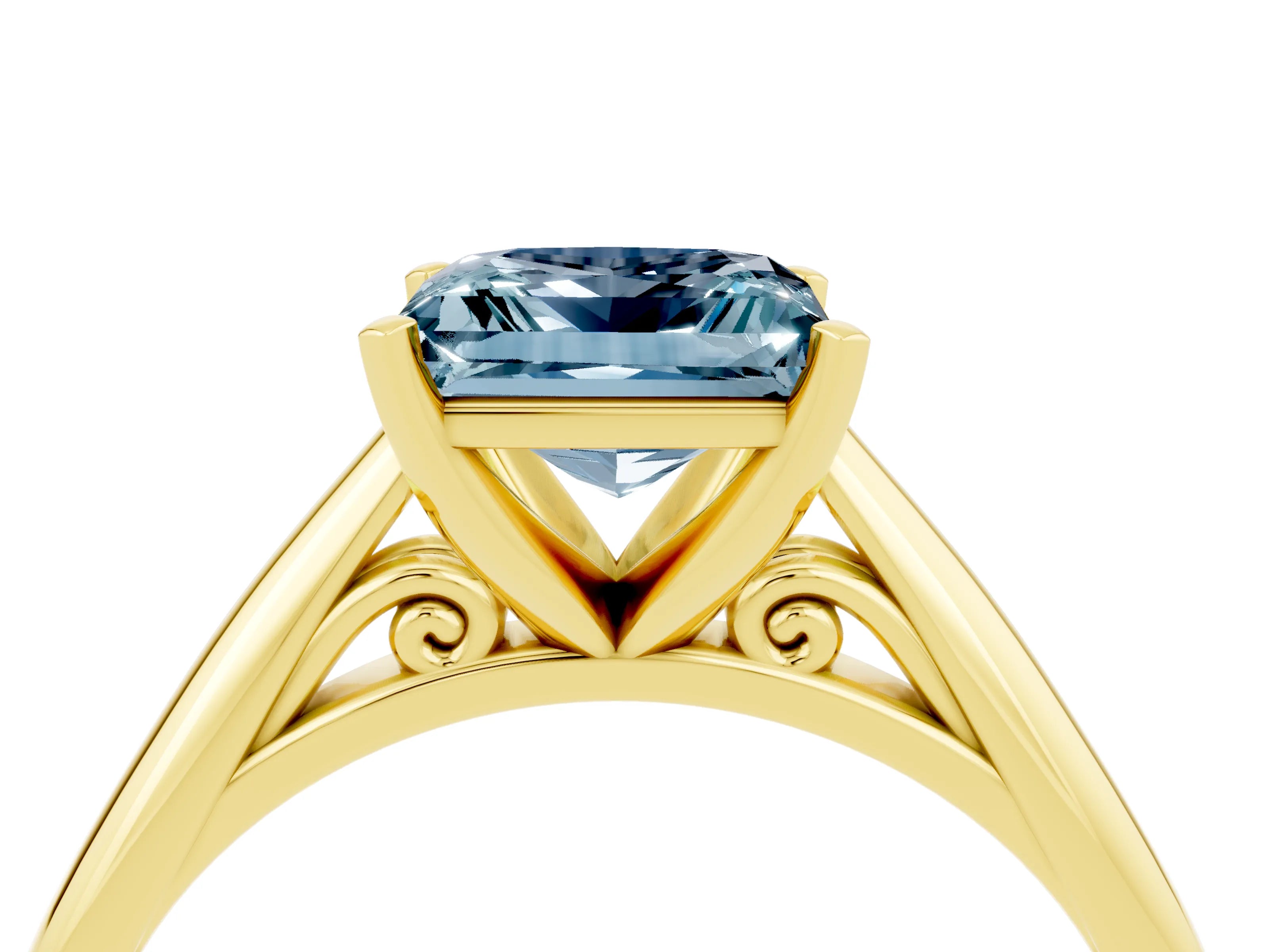 Yellow gold Princess Cut Aquamarine Solitaire Engagement Ring with Cathedral Setting and Four-Prong Mount_16