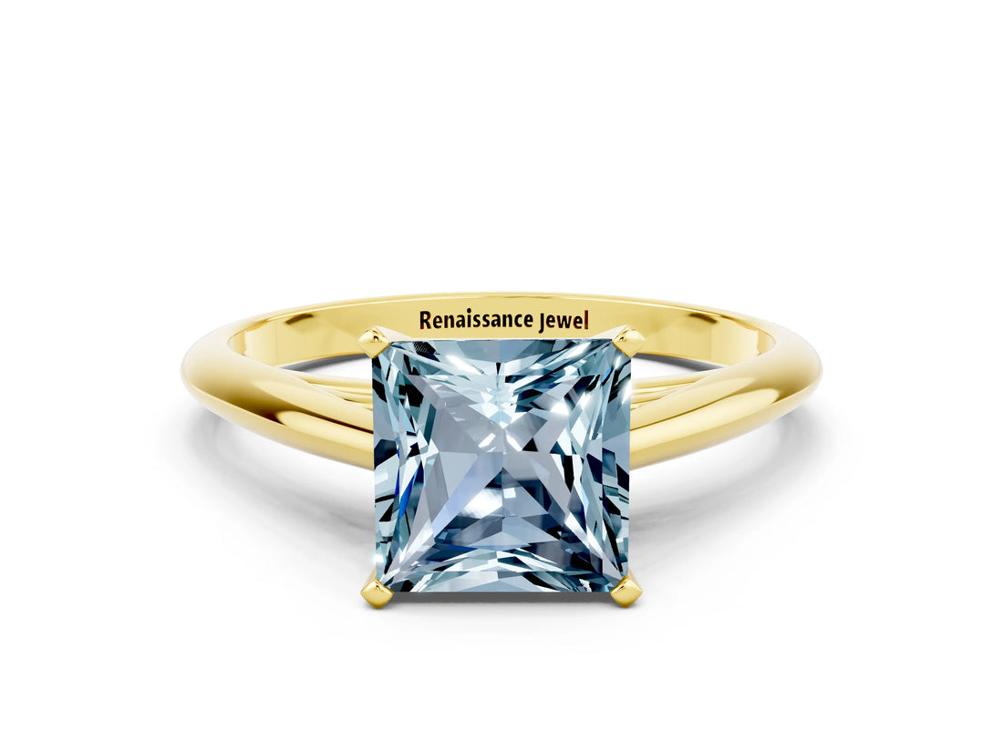 Yellow gold Princess Cut Aquamarine Solitaire Engagement Ring with Cathedral Setting and Four-Prong Mount_18