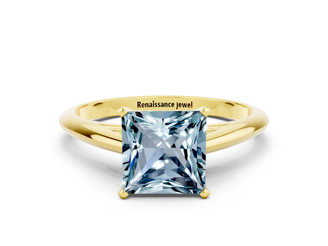 Yellow gold Princess Cut Aquamarine Solitaire Engagement Ring with Cathedral Setting and Four-Prong Mount_84