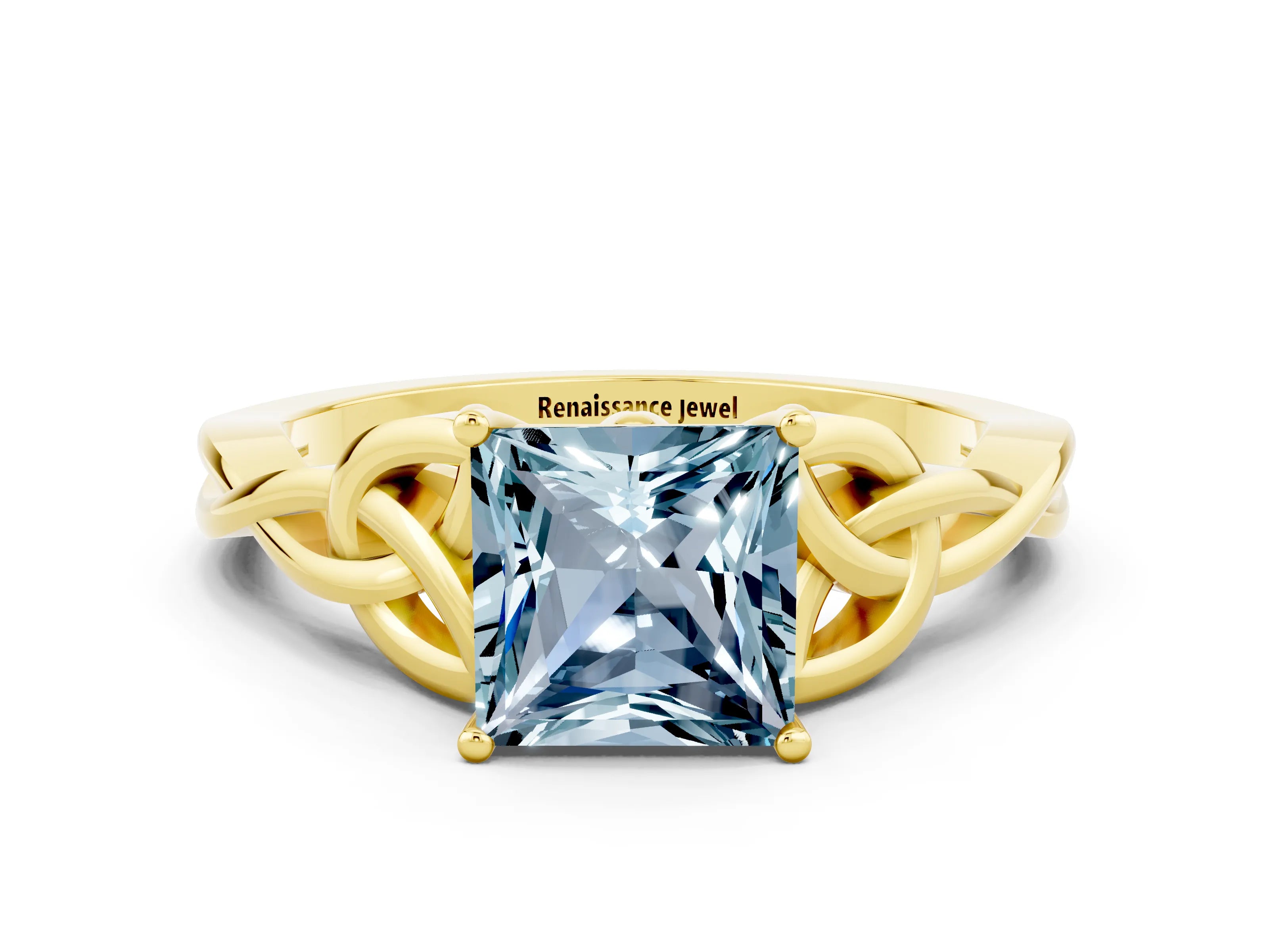 Yellow gold Princess Cut Aquamarine Solitaire Engagement Ring with Celtic Knot Band and Four-Prong Setting