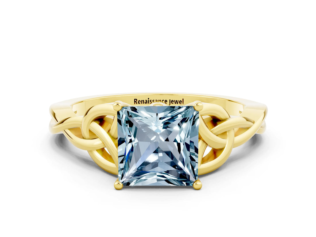 Yellow gold Princess Cut Aquamarine Solitaire Engagement Ring with Celtic Knot Band and Four-Prong Setting