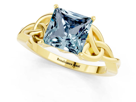 Yellow gold Princess Cut Aquamarine Solitaire Engagement Ring with Celtic Knot Band and Four-Prong Setting_1
