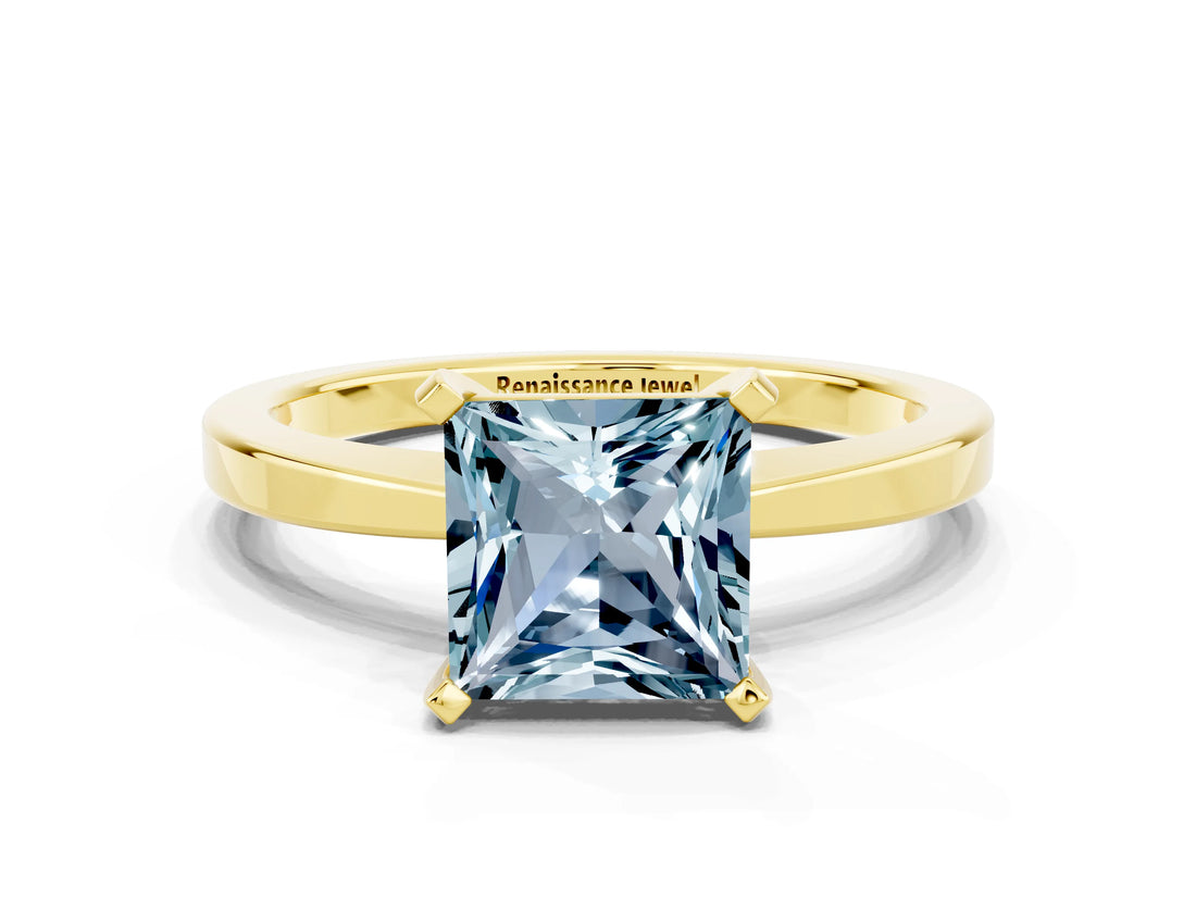 Yellow gold Princess Cut Aquamarine Solitaire Engagement Ring with Classic Band and Four-Prong Setting_24