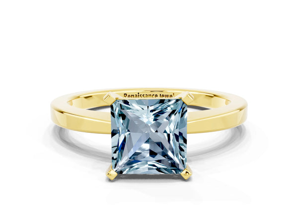 Yellow gold Princess Cut Aquamarine Solitaire Engagement Ring with Classic Band and Four-Prong Setting