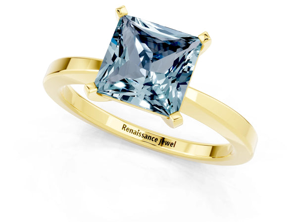 Yellow gold Princess Cut Aquamarine Solitaire Engagement Ring with Classic Band and Four-Prong Setting