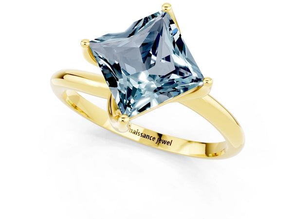Yellow gold Princess Cut Aquamarine Solitaire Engagement Ring with Four-Prong Setting and Classic Band