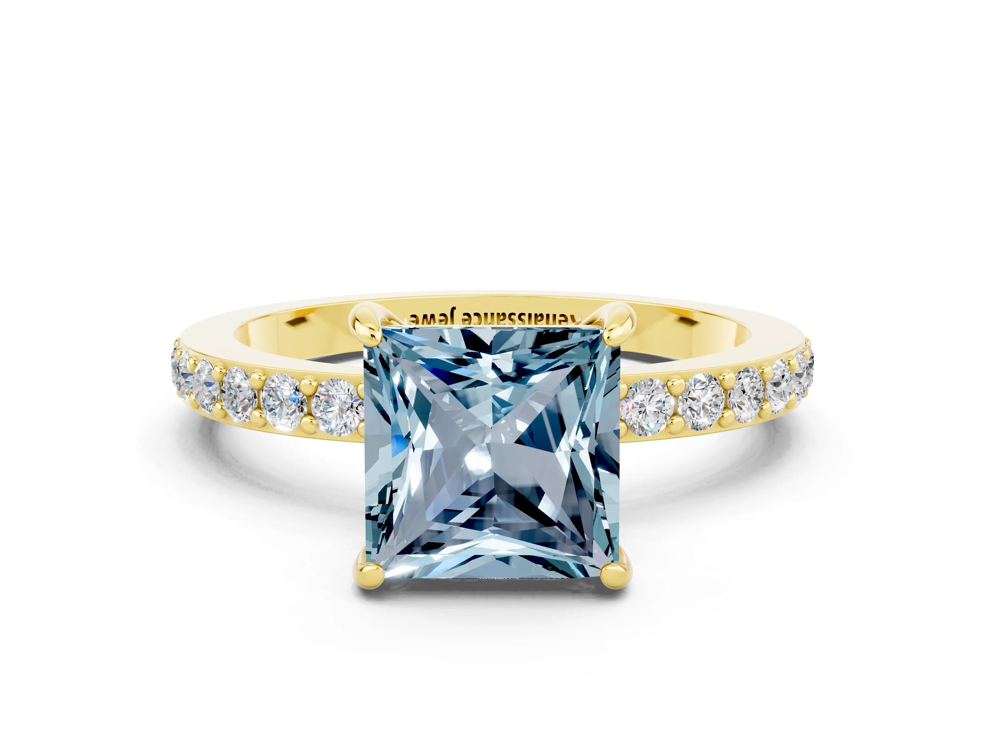 Yellow gold Princess Cut Aquamarine Solitaire Engagement Ring with Pavé Band and Four-Prong Setting