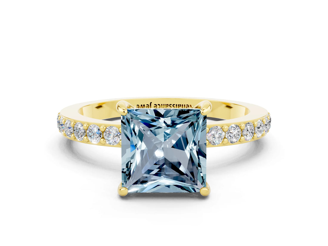 Yellow gold Princess Cut Aquamarine Solitaire Engagement Ring with Pavé Band and Four-Prong Setting
