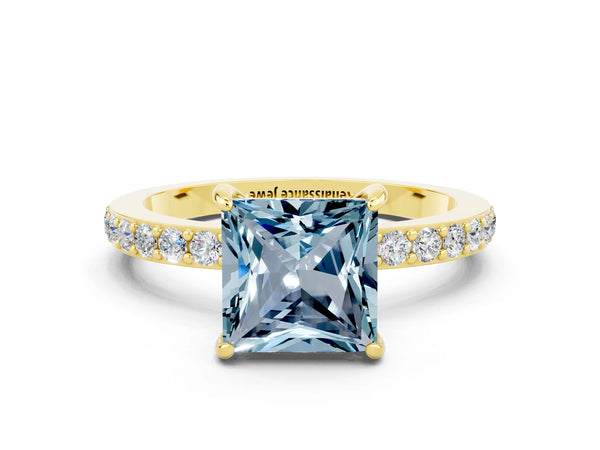 Yellow gold Princess Cut Aquamarine Solitaire Engagement Ring with Pavé Band and Four-Prong Setting
