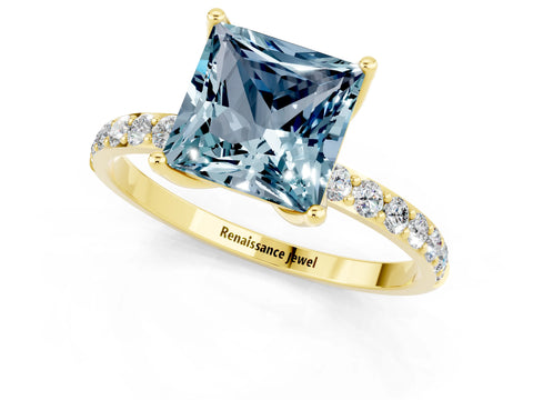 Yellow gold Princess Cut Aquamarine Solitaire Engagement Ring with Pavé Band and Prong Setting_1