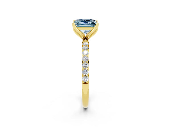 Yellow gold Princess Cut Aquamarine Solitaire Engagement Ring with Round  Pavé Band and Prong Setting