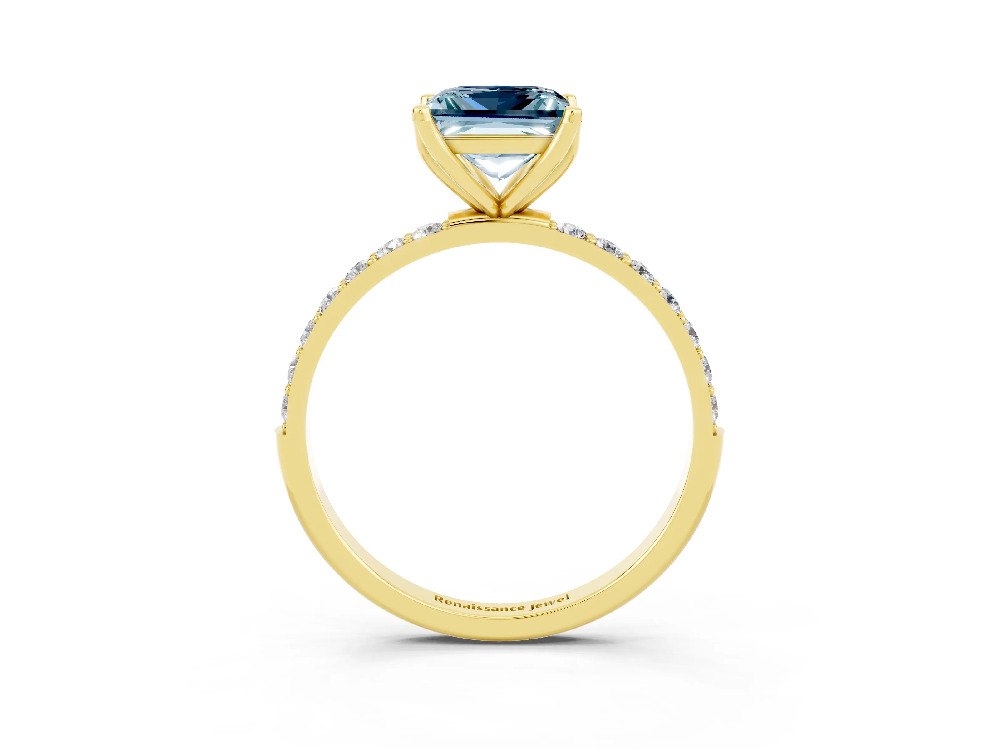 Yellow gold Princess Cut Aquamarine Solitaire Engagement Ring with Pavé Band and Prong Setting_3