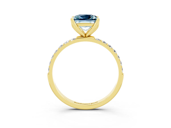 Yellow gold Princess Cut Aquamarine Solitaire Engagement Ring with Round  Pavé Band and Prong Setting