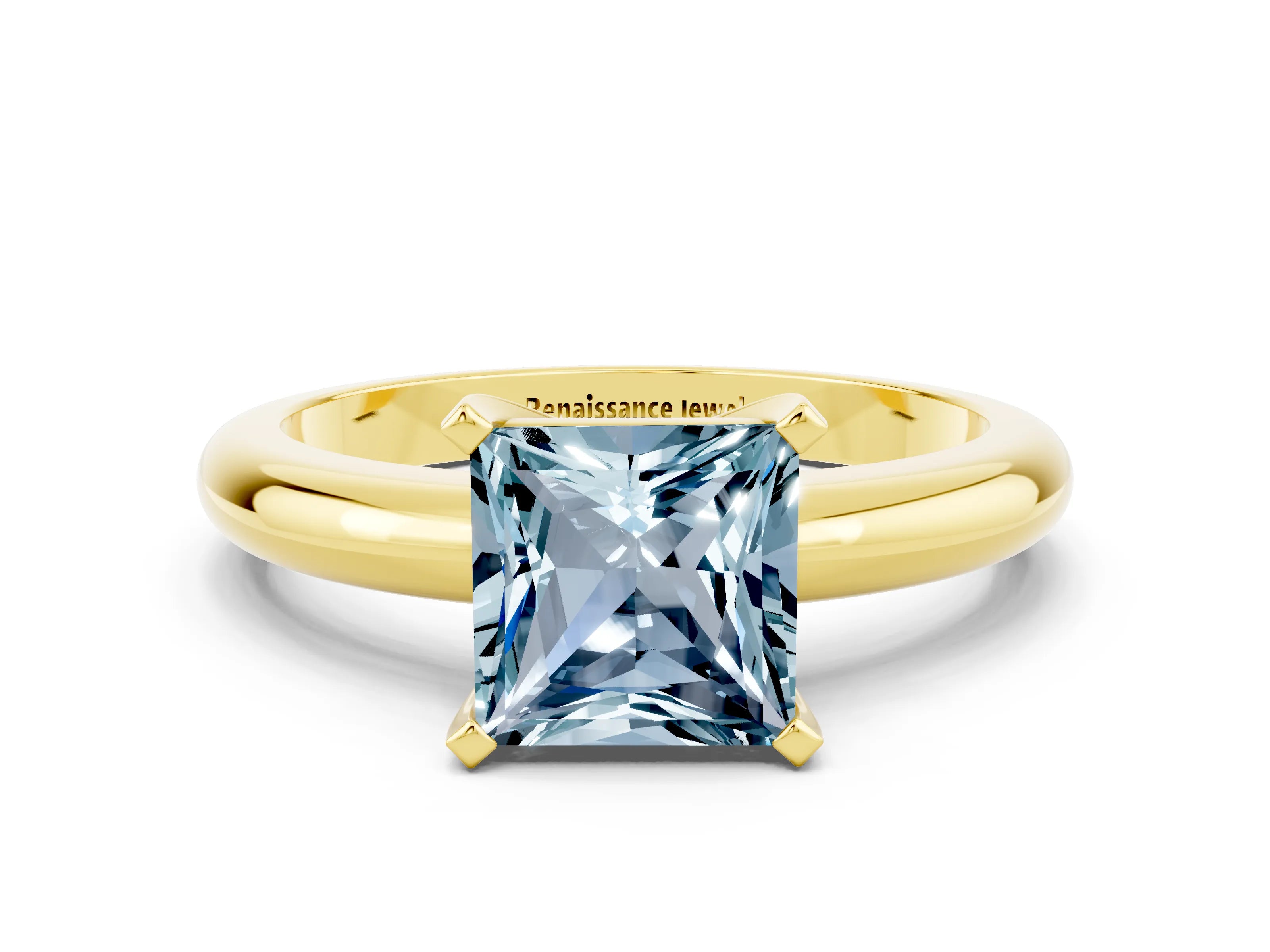 Yellow gold Princess Cut Aquamarine Solitaire Engagement Ring with Round Band and Four-Prong Setting