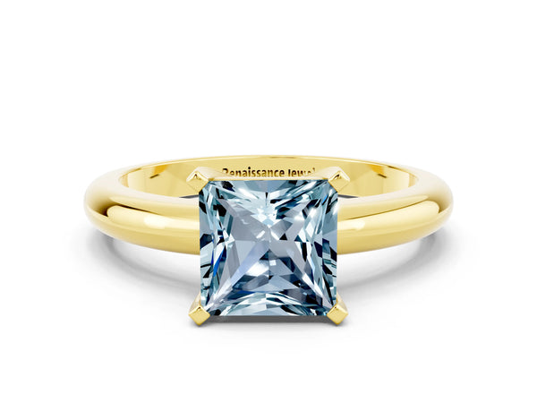 Yellow gold Princess Cut Aquamarine Solitaire Engagement Ring with Round Band and Four-Prong Setting