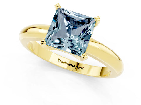 Yellow gold Princess Cut Aquamarine Solitaire Engagement Ring with Round Band and Four-Prong Setting_1