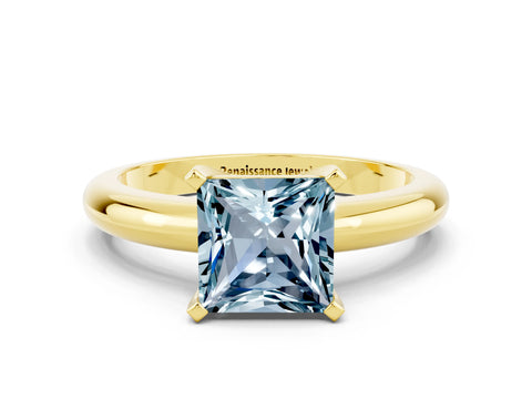 Yellow gold Princess Cut Aquamarine Solitaire Engagement Ring with Round Band and Four-Prong Setting