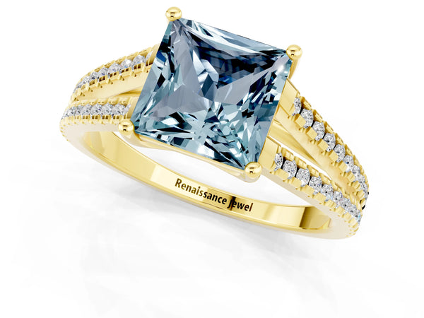 Yellow gold Princess Cut Aquamarine Solitaire Engagement Ring with Split Shank Pavé Band