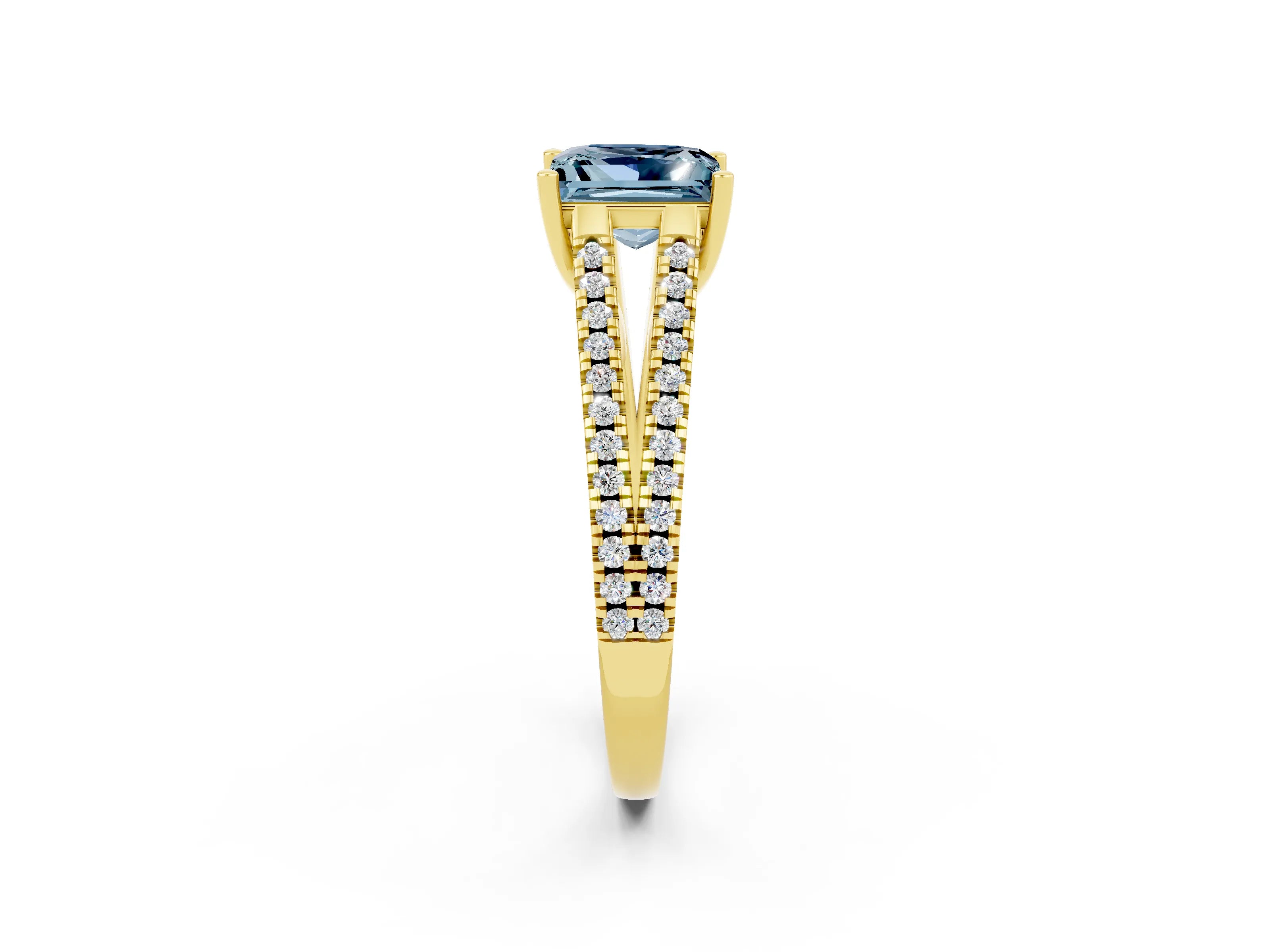 Yellow gold Princess Cut Aquamarine Solitaire Engagement Ring with Split Shank Pavé Band_2
