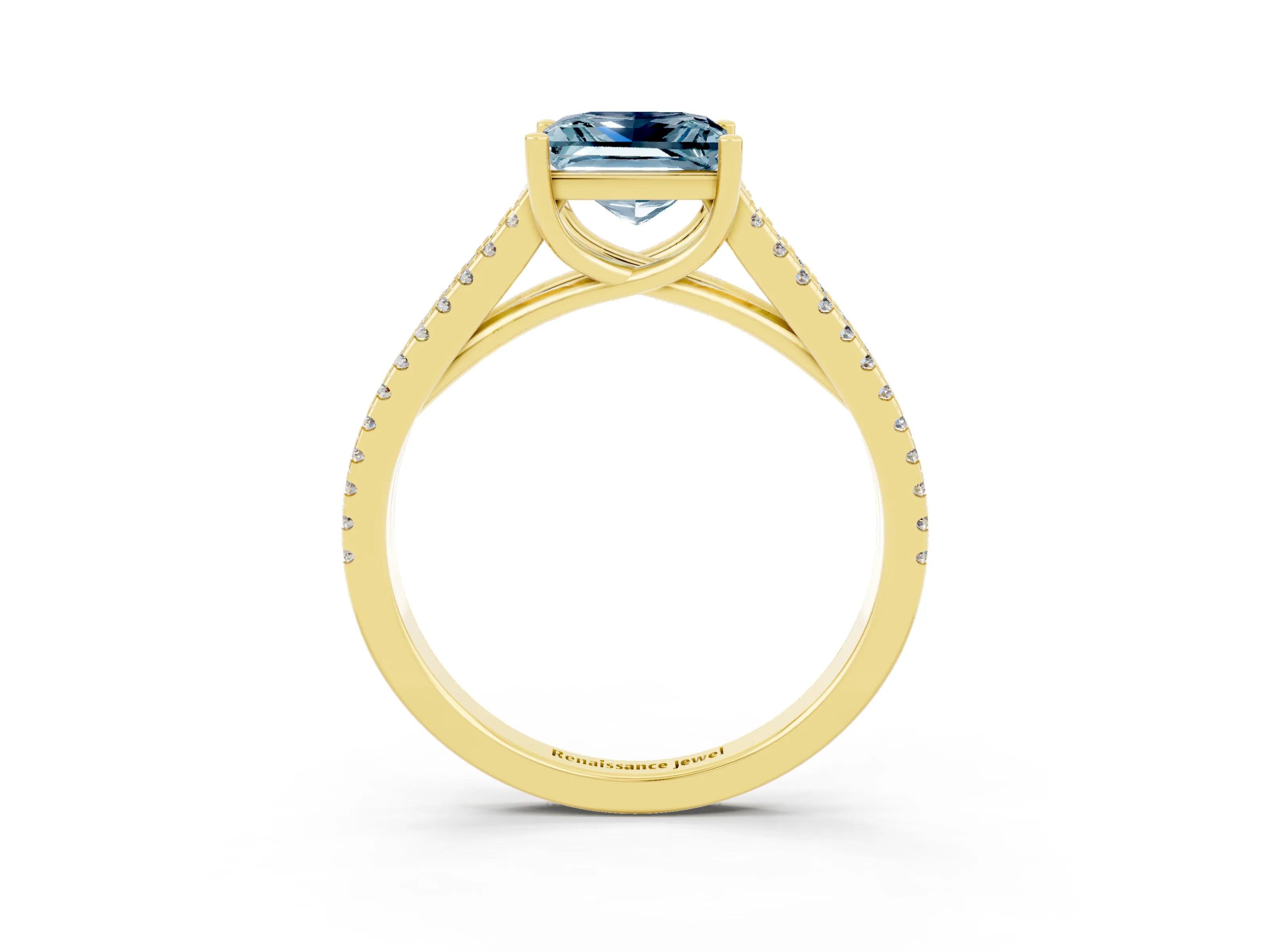 Yellow gold Princess Cut Aquamarine Solitaire Engagement Ring with Split Shank Pavé Band_3