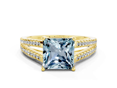 Yellow gold Princess Cut Aquamarine Solitaire Engagement Ring with Split Shank Pavé Band