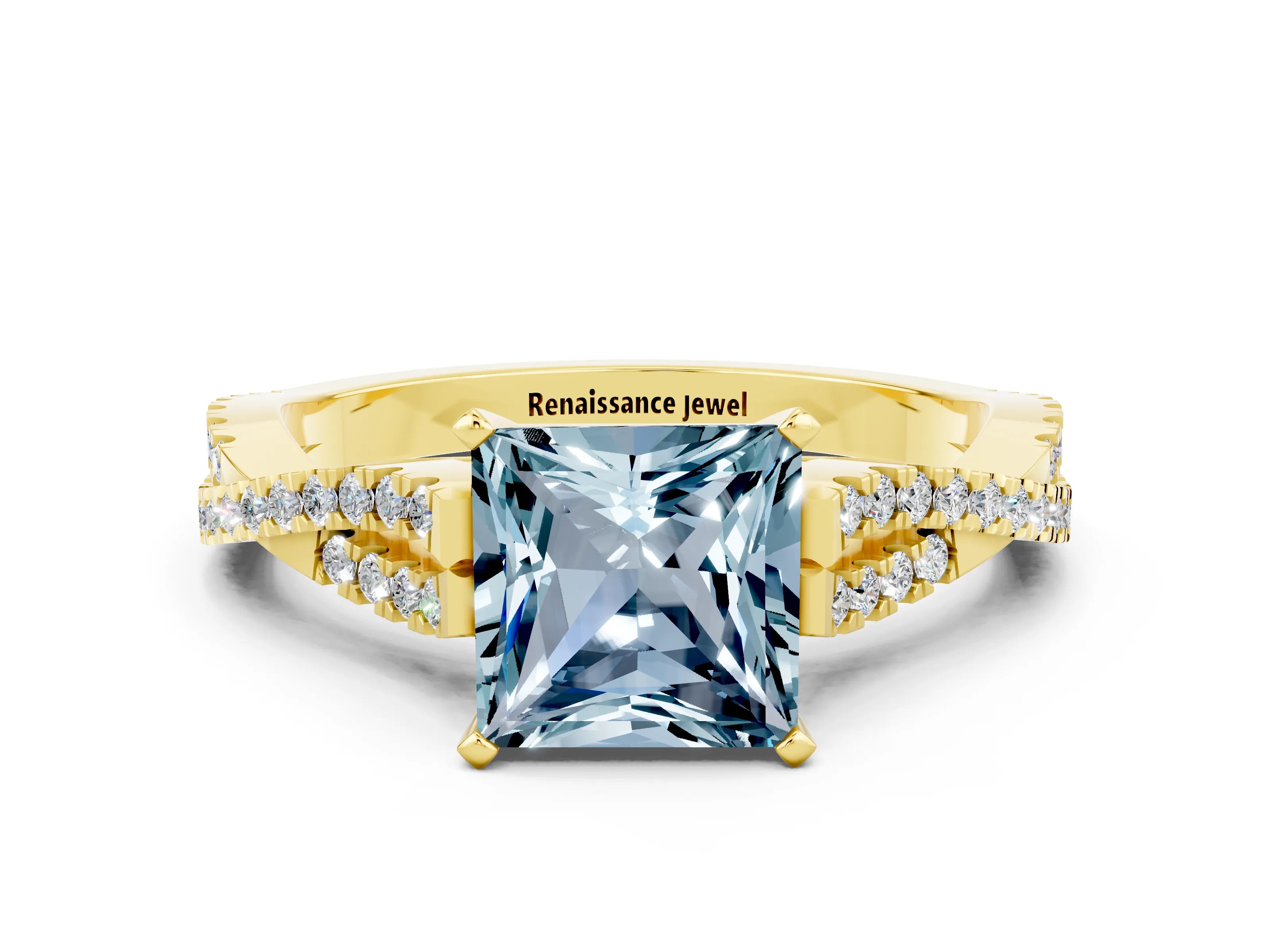 Yellow gold Princess Cut Aquamarine Solitaire Engagement Ring with Twisted Pavé Band and Four-Prong Setting_12
