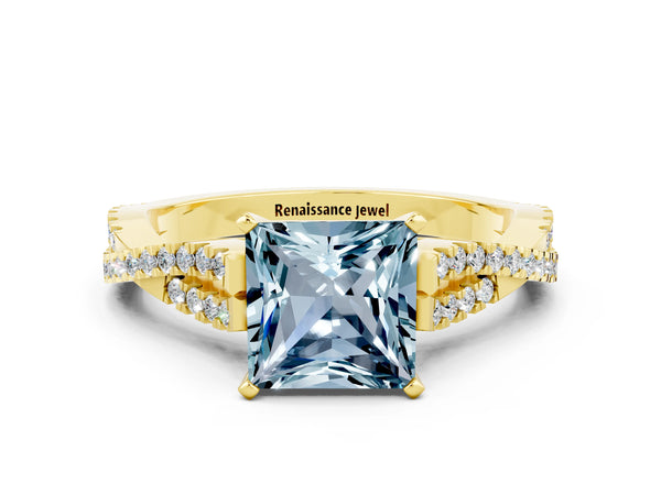 Yellow gold Princess Cut Aquamarine Solitaire Engagement Ring with Twisted Pavé Band and Four-Prong Setting