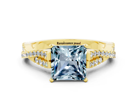 Yellow gold Princess Cut Aquamarine Solitaire Engagement Ring with Twisted Pavé Band and Four-Prong Setting_12