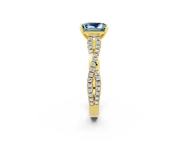 Yellow gold Princess Cut Aquamarine Solitaire Engagement Ring with Twisted Pavé Band and Four-Prong Setting