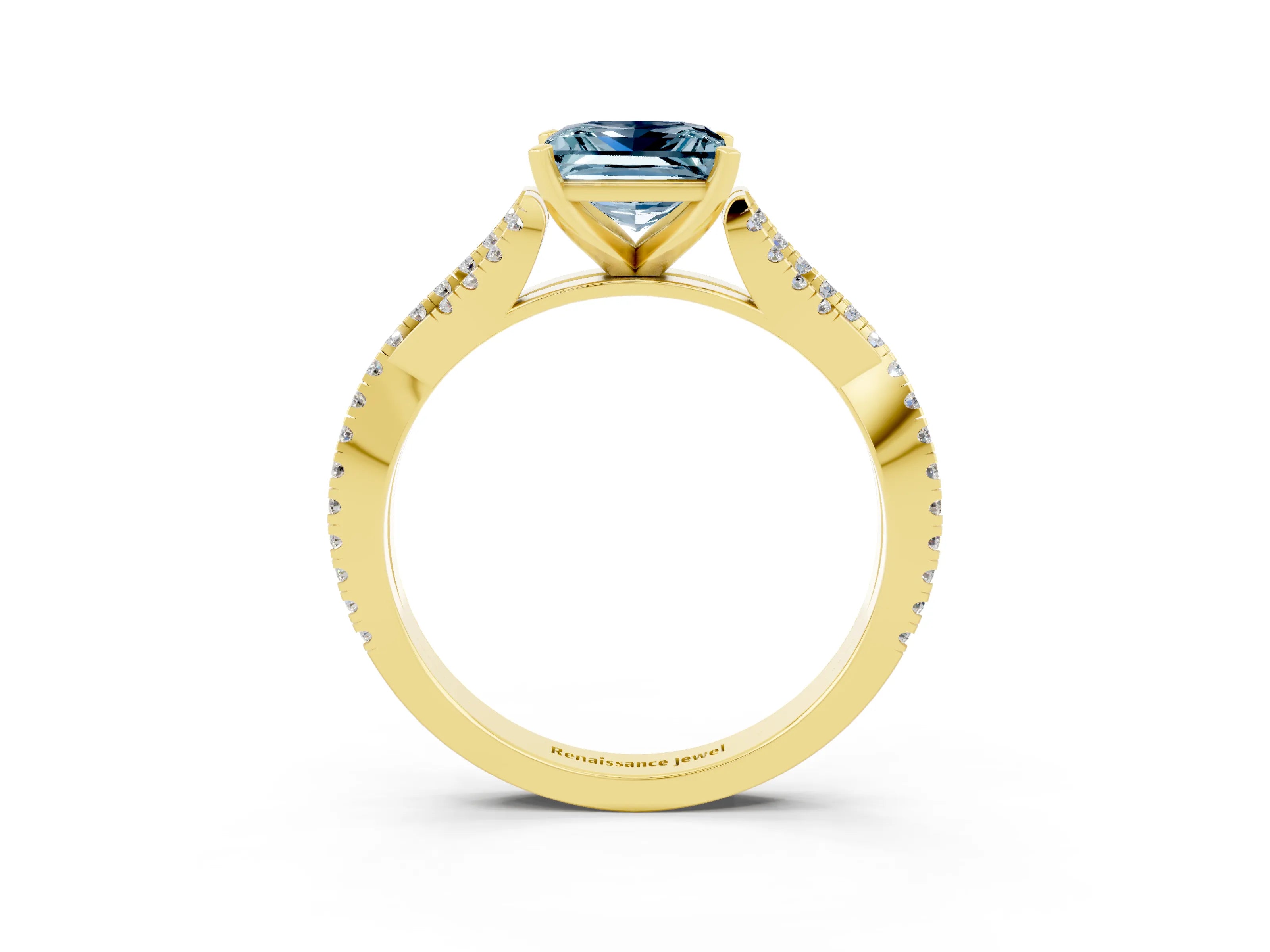 Yellow gold Princess Cut Aquamarine Solitaire Engagement Ring with Twisted Pavé Band and Four-Prong Setting_15